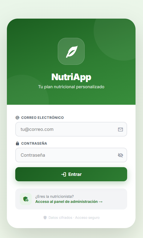 NutriApp — pantalla de acceso, aplicación para nutricionistas