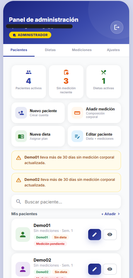 Panel de gestión NutriApp — aplicación web a medida por AppNest